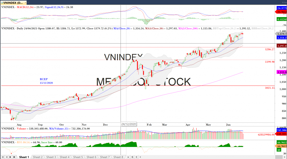 Thị trường chứng khoán ngày 24/06/2020: Đồ thị VN-Index. (Nguồn: MegaBot)