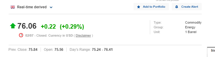  Giá dầu Brent phiên ngày 02/07/2021 (Nguồn: investing.com)