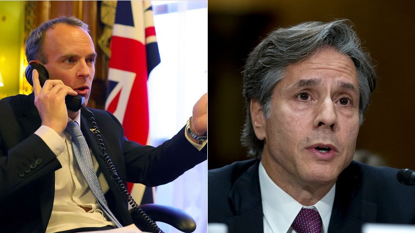 Ngoại trưởng Mỹ Antony Blinken (phải) và người đồng cấp Anh Dominic Raab đã điện đàm để thảo luận về tình hình Ukraine và bày tỏ sự ủng hộ đối với Kiev.