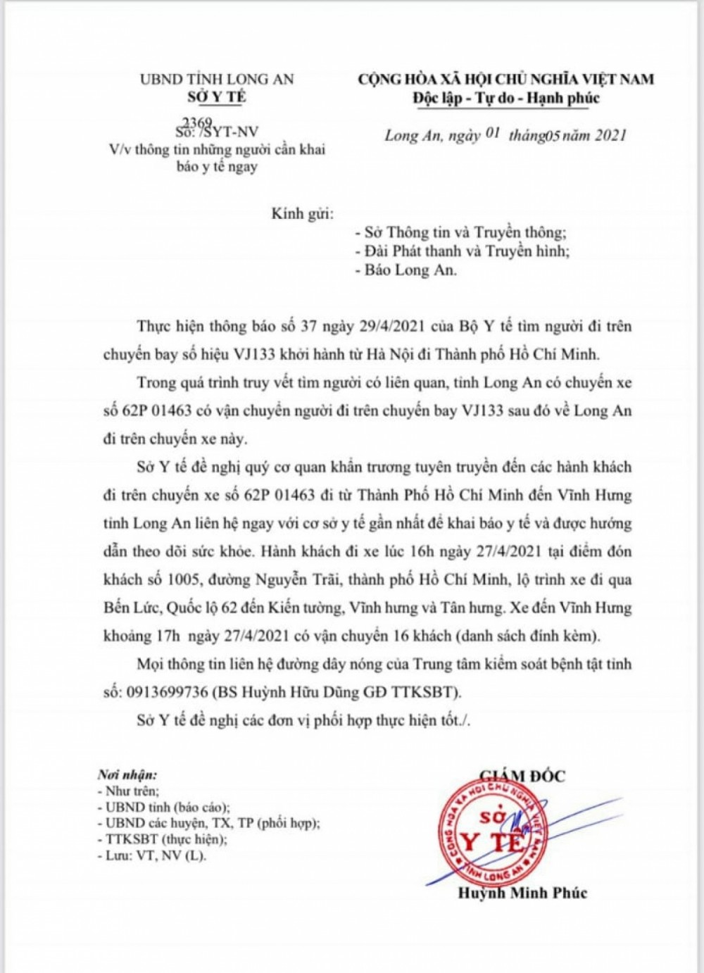 Long An khẩn cấp tìm người liên quan đến bệnh nhân Covid-19 BN2910 Khẩn: Long An tìm người liên quan đến bệnh nhân Covid-19 ở Hà Nam