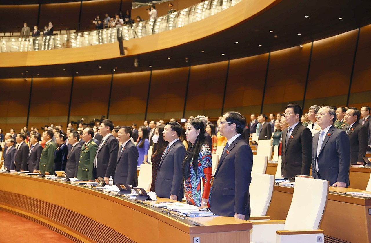 Các đại biểu Quốc hội làm lễ chào cờ. Các đại biểu Quốc hội làm lễ chào cờ.