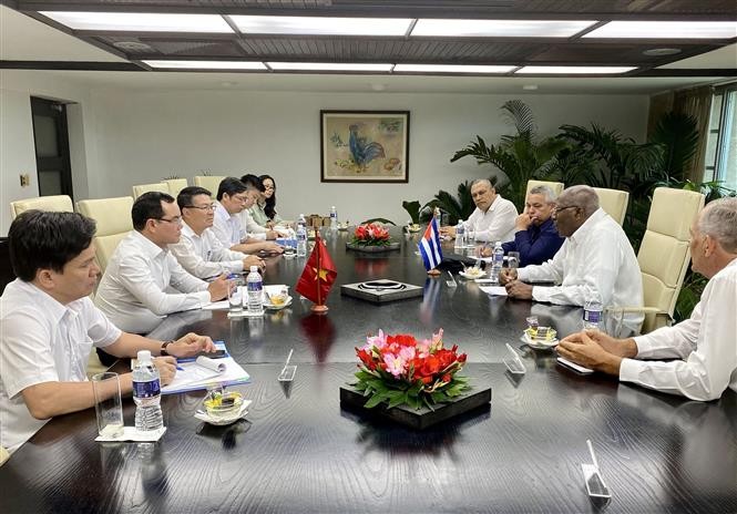 Ủy viên Bộ Chính trị, Phó Chủ tịch Cuba Salvador Valdés Mesa làm việc với đoàn. (Nguồn: TTXVN)