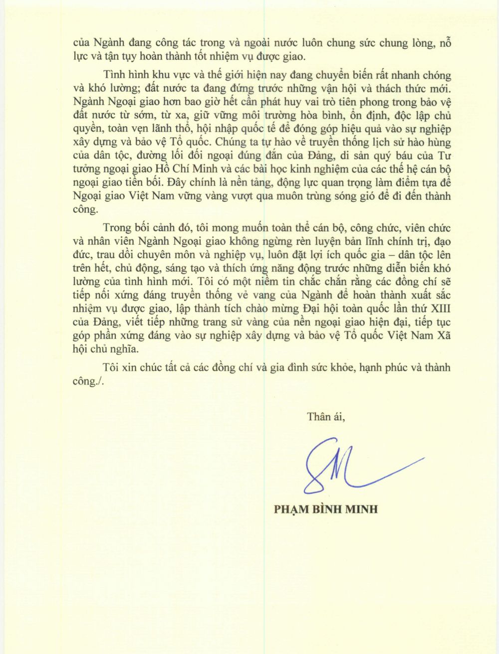 Thư chúc mừng 75 năm thành lập ngành Ngoại giao của Phó Thủ tướng Bộ trưởng Phạm Bình Minh thu chuc mung 75 nam thanh lap nganh ngoai giao cua pho thu tuong bo truong pham binh minh