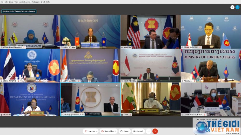 Các Quan chức ASEAN ghi nhận những kết quả tích cực tại các quốc gia thành viên ASEAN và hợp tác ngày càng chặt chẽ giữa các cơ quan chuyên ngành của ASEAN trong cuộc chiến chống Covid-19. (Ảnh: Tuấn Anh) ASEAN nhất trí tập trung thành lập Kho dự trữ vật tư y tế