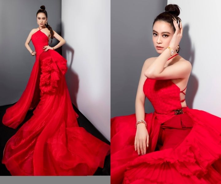Hoàng Thuỳ Linh, Ngọc Trinh quyến rũ với đầm đỏ cắt xẻ táo bạo