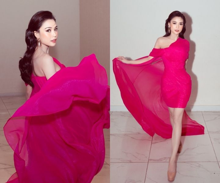 Hoàng Thuỳ Linh, Ngọc Trinh quyến rũ với đầm đỏ cắt xẻ táo bạo