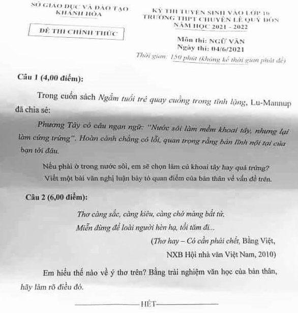 Đề thi Văn ‘nếu em phải ở trong nước sôi...’: Không phản cảm nhưng có sạn!