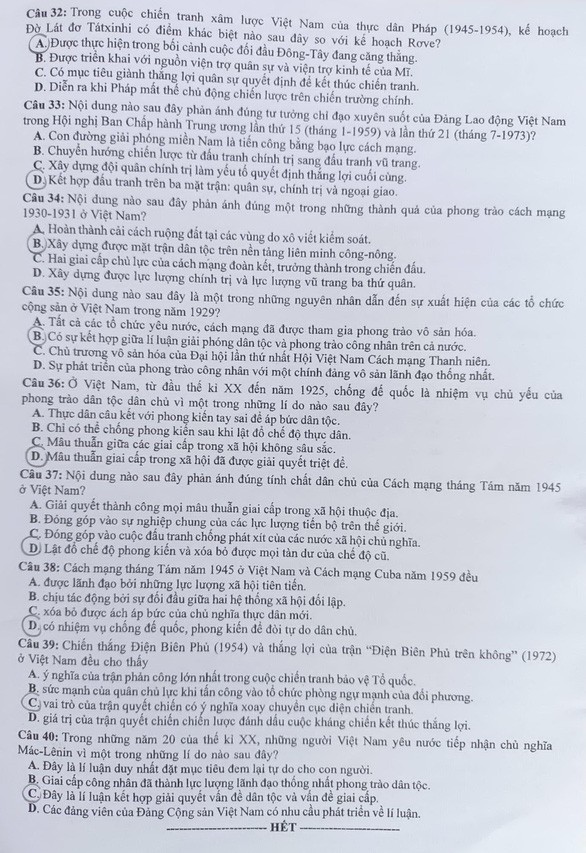 Đề thi môn Lịch sử