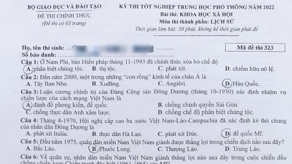 Đề thi chính thức môn Lịch sử tốt nghiệp THPT 2022