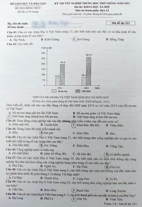 Đề thi chính thức môn Địa lý tốt nghiệp THPT 2022: Chỉ cần dùng Alat và khả năng suy luận...