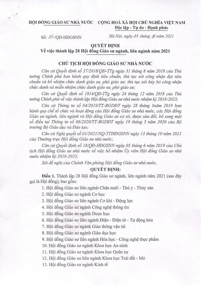 Công bố 28 hội đồng giáo sư ngành, liên ngành năm 2021